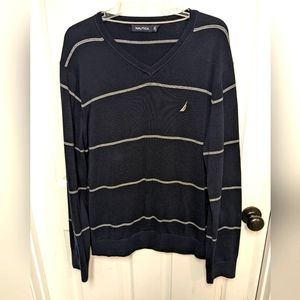 NAUTICA Men's Large Cotton Navy Striped Knit lightweight Pullover Sweater V Neck
